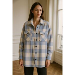 HFX Blue Beige Plaid Shacket Jacket XL | Wool Blend Button Down Shirt Coat